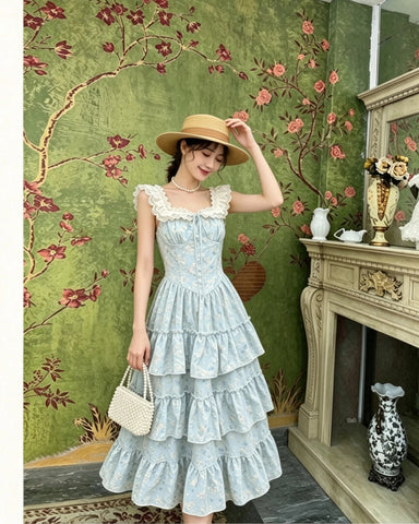 Vanessa Light Blue Floral Shabby Chic Coquette Dress
