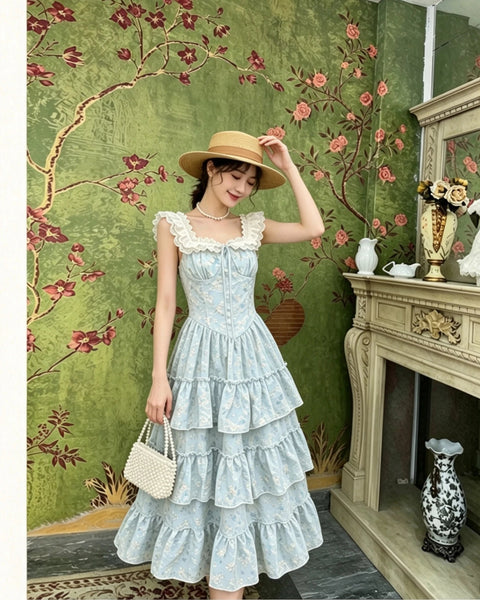 Vanessa Light Blue Floral Shabby Chic Coquette Dress