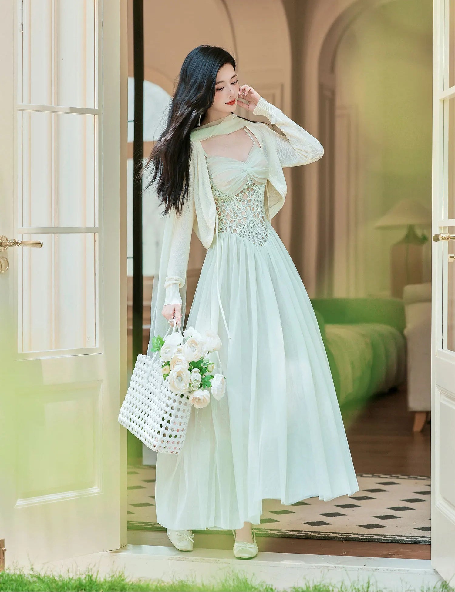 Mint-Green Fairy Princess Dress with Scarf balletcore mint dress
