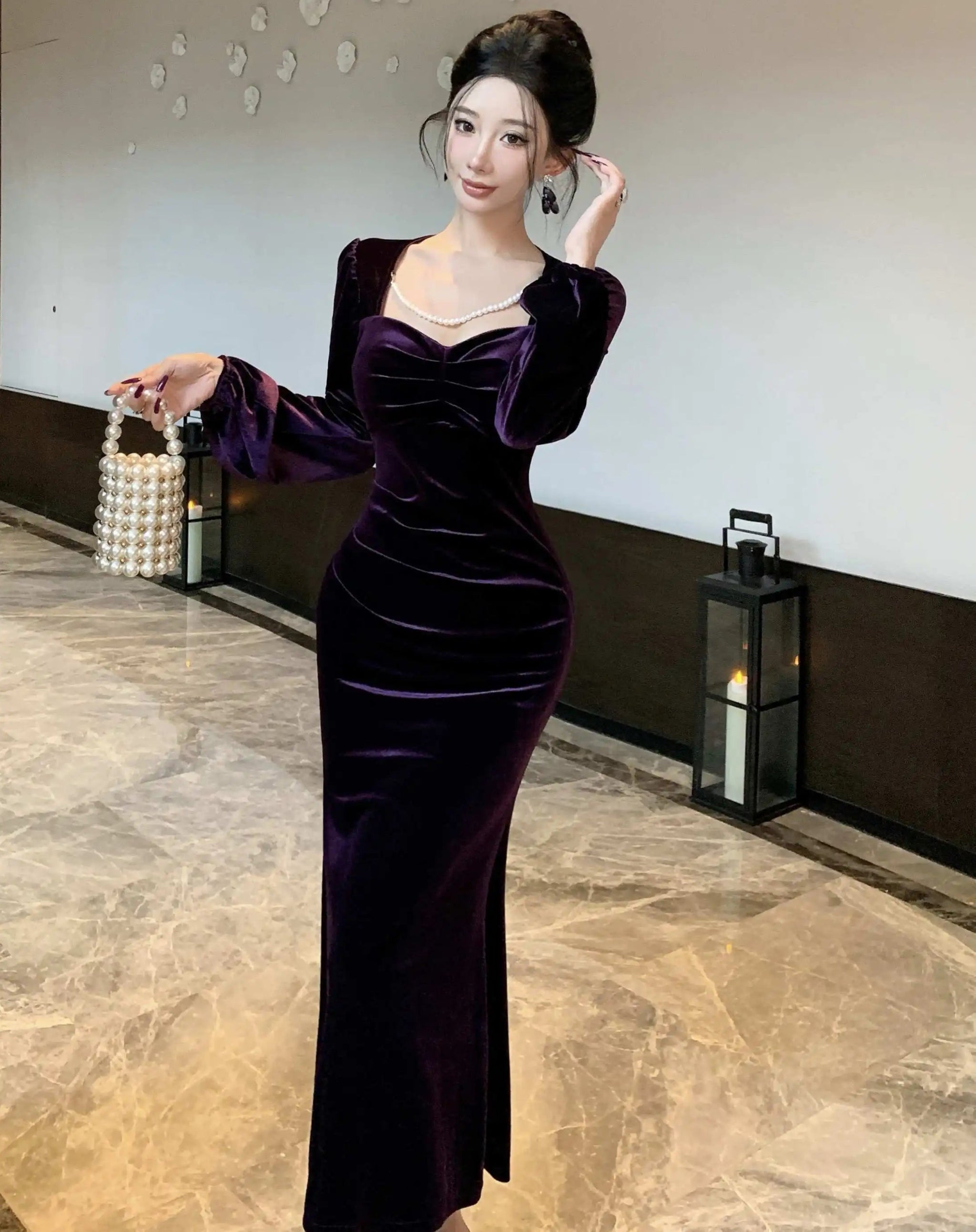 Purple Roseriver Pearl Chain Velvet Dress