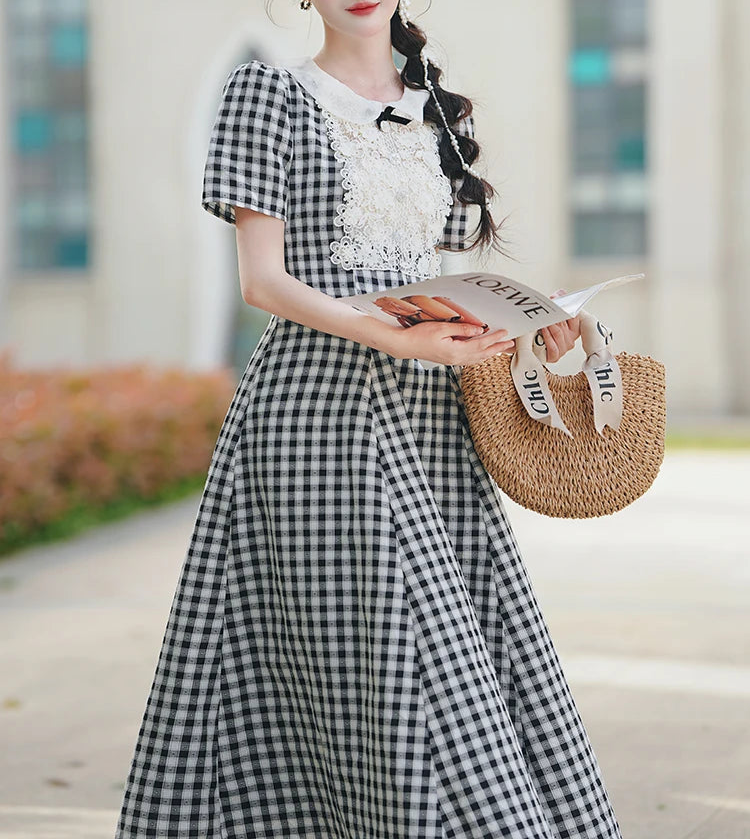 plaid retro dress Elena V-Neck Lapel Plaid Dress