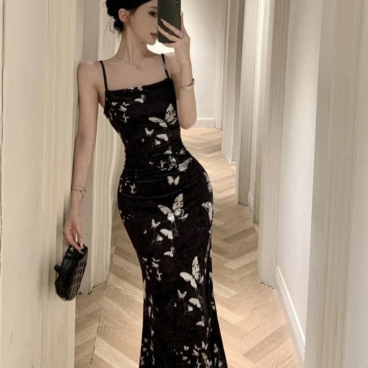 Dark Butterfly Velvet 90s Minimalist Style Slip Dress