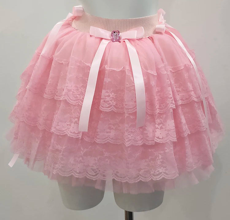 PinkBubble Princess Coquette Style Lace Bow Mini Skirt