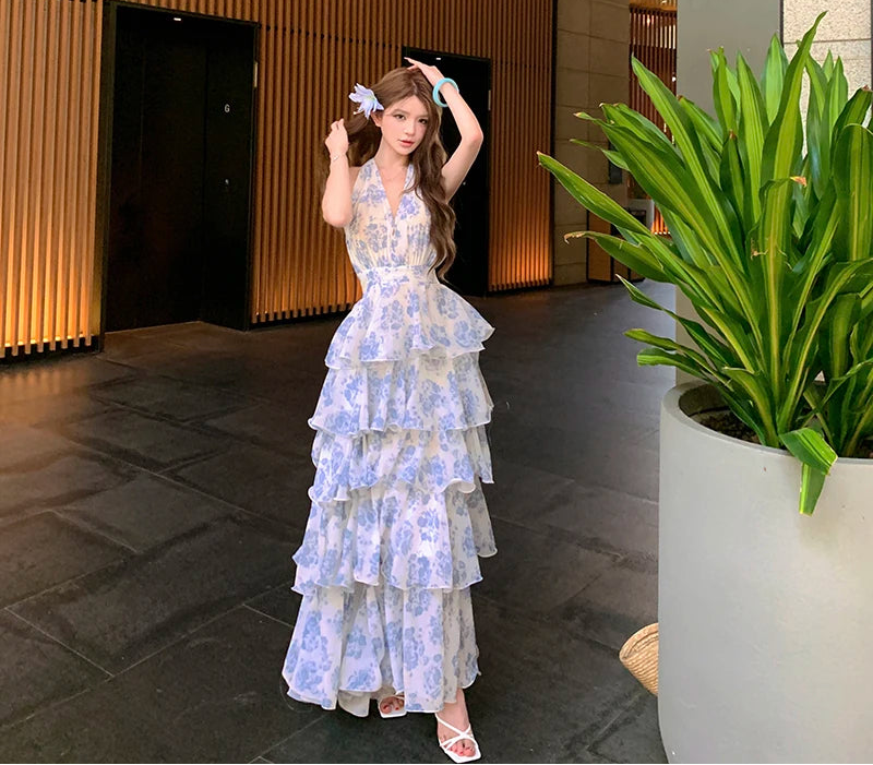 Blue Floral Fairycore Coquette Maxi Dress