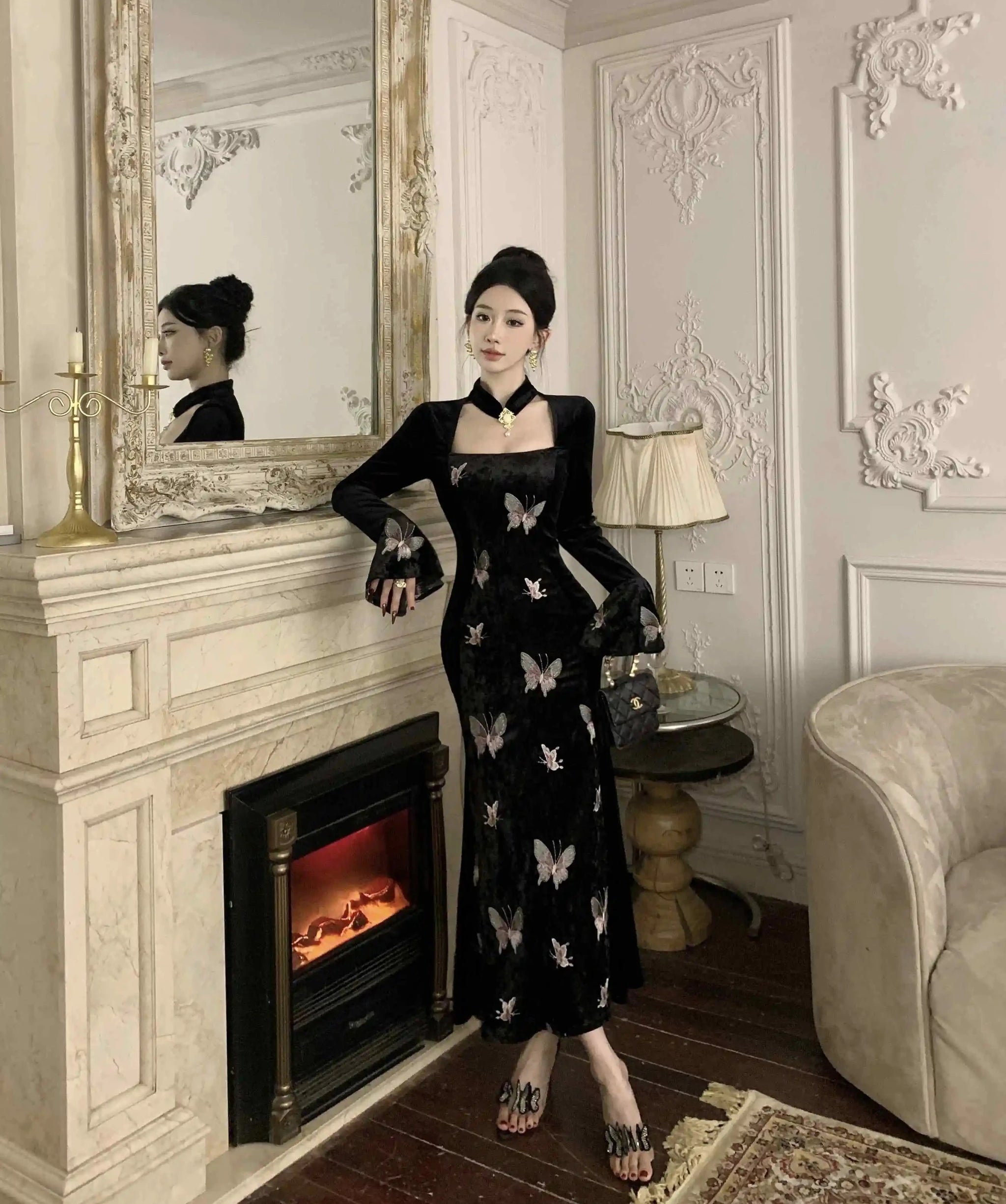 2-Piece Dark Fairy Butterfly Embroidered Velvet Dress with Choker 2-Piece Dark Fairy Butterfly Embroidered Velvet Dress with Choker