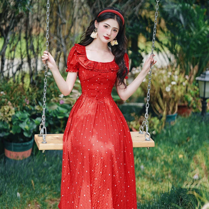 red roses dress Plus Size Puff Sleeve Short Sleeve Crepe Off Shoulder, Rosie Maxi in Red, Size 2X, For Holiday Glam Or Prom & Homecoming Flower petals Red Cottagecore Style Dress Cottage