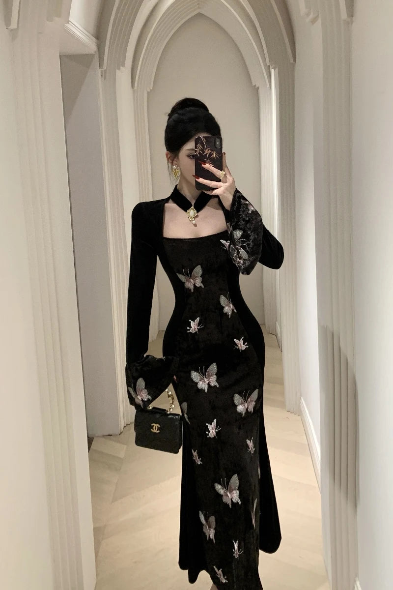 Dark Fairy Butterfly Embroidered Velvet Dress with Choker