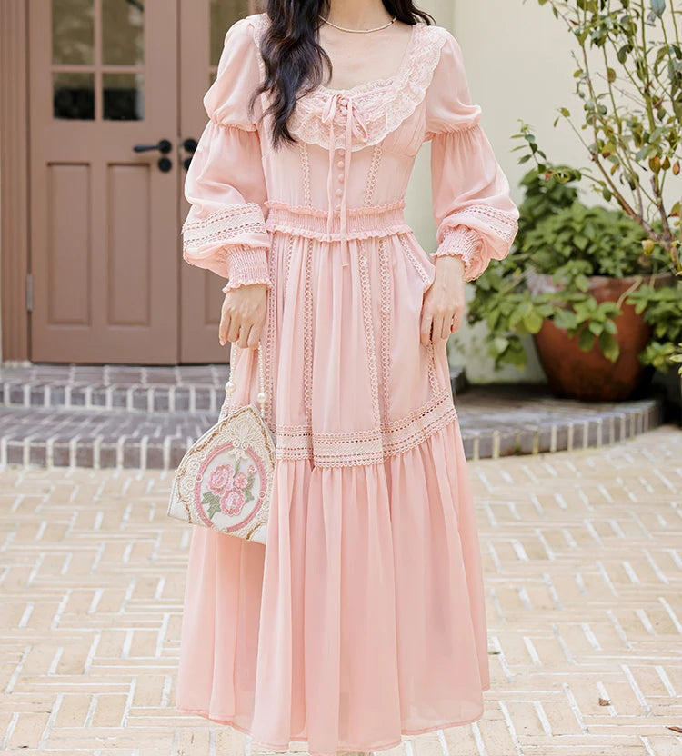 Long Sleeve Cottagecore Dress peach pink cottagecore outfit