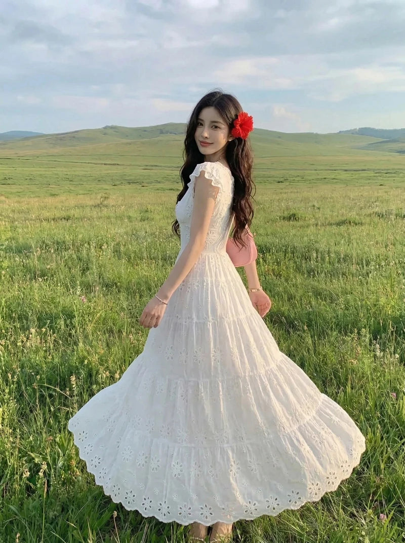 White Embroidered Cottagecore Dress white cottagecore dresses