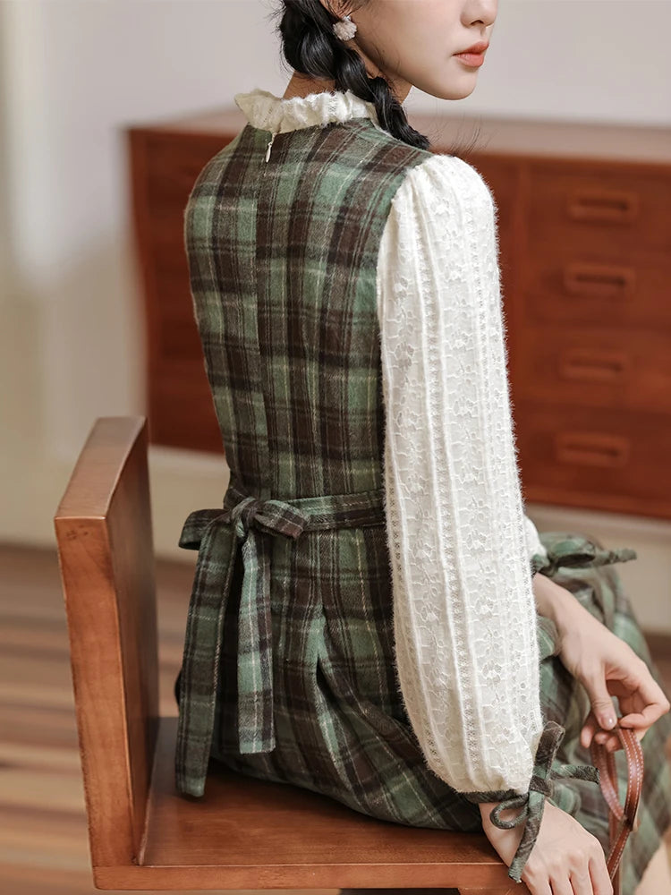 Slower Life Plaid Long Sleeve Cottagecore Dress