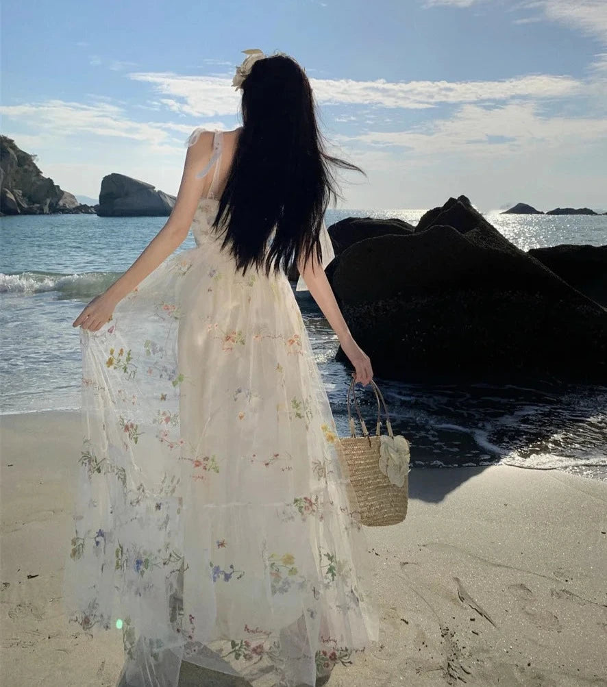 Petal Sea Embroidered Mesh Tulle Maxi Fairy Dress