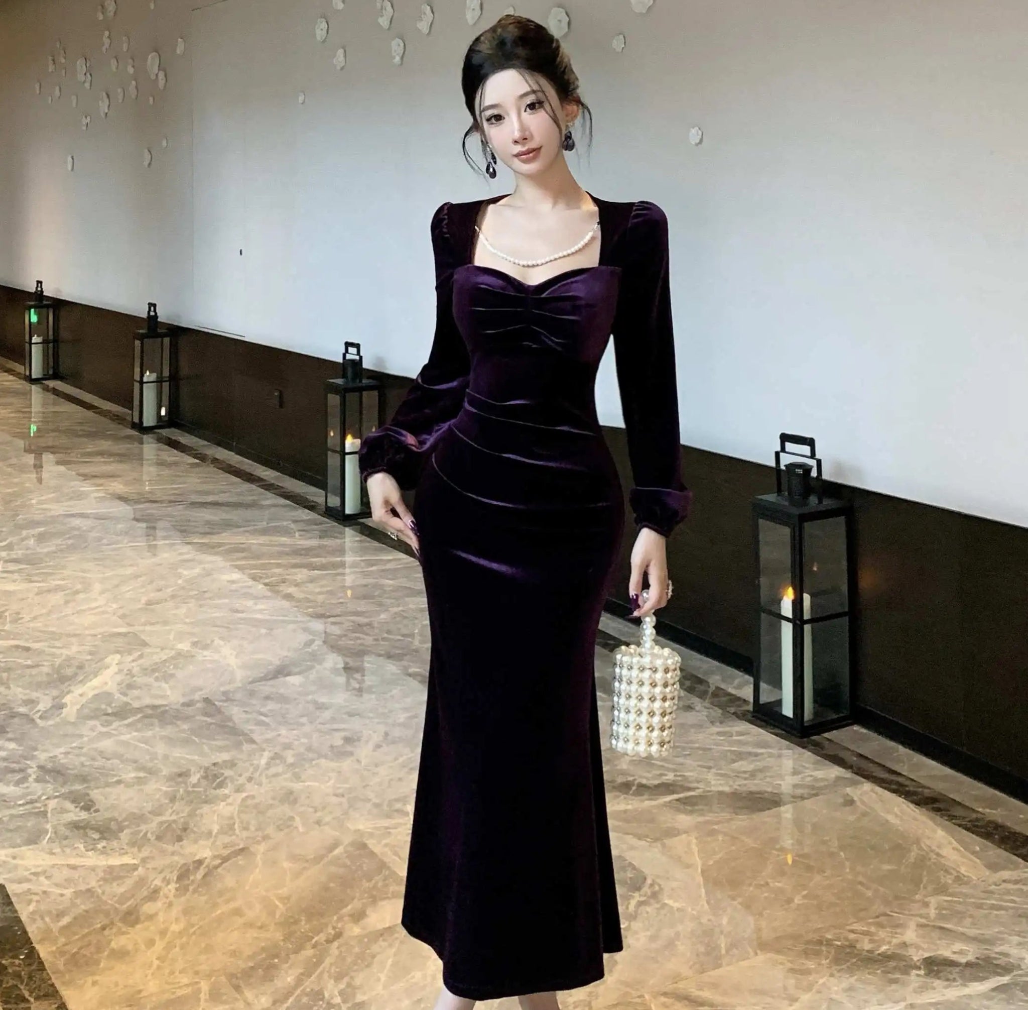 Purple Roseriver Pearl Chain Velvet Dress