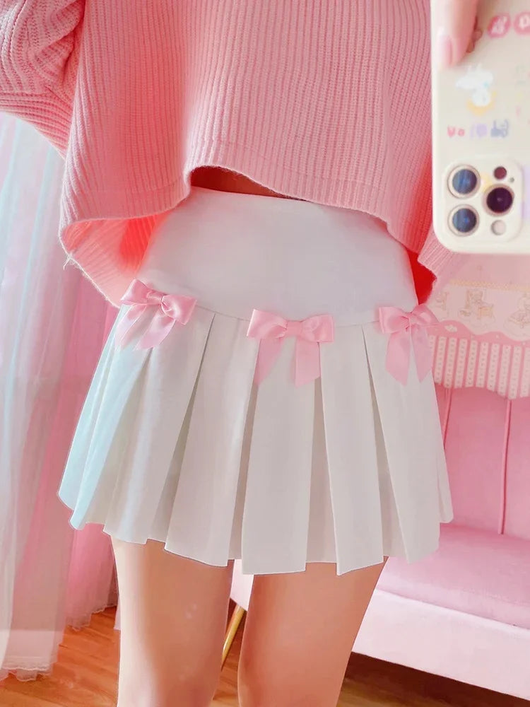 Vanilla Rose Coquette Style Pleated Mini Skirt with Bows