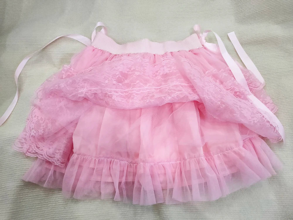 PinkBubble Princess Coquette Style Lace Bow Mini Skirt