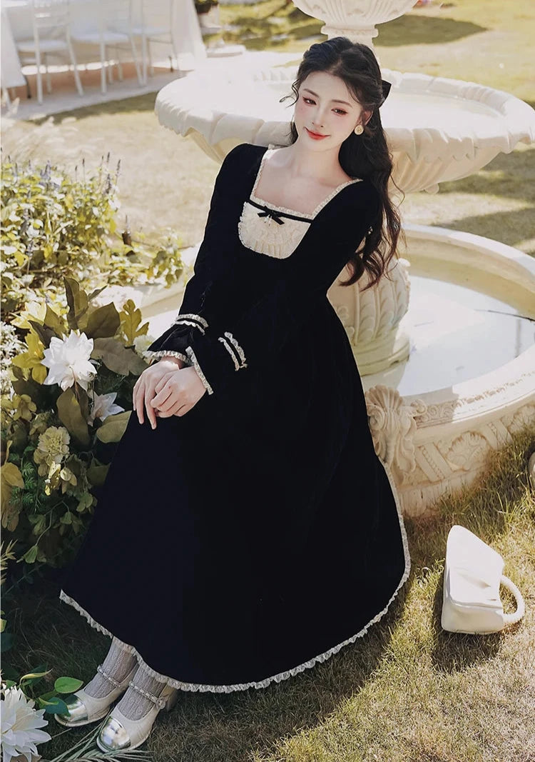 Yavia Dark Romantic Goth Princess Black Velvet Dress