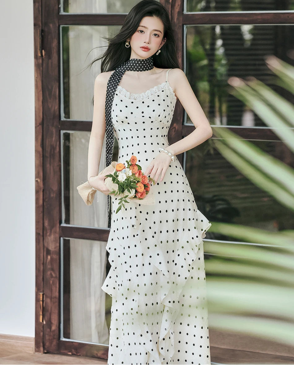 Lucy Coquette Polka Dot Maxi Dress 2-Piece Set (Dress+Scarf)