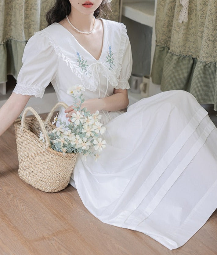 Botanical Flower Embroidered White Cottagecore Dress