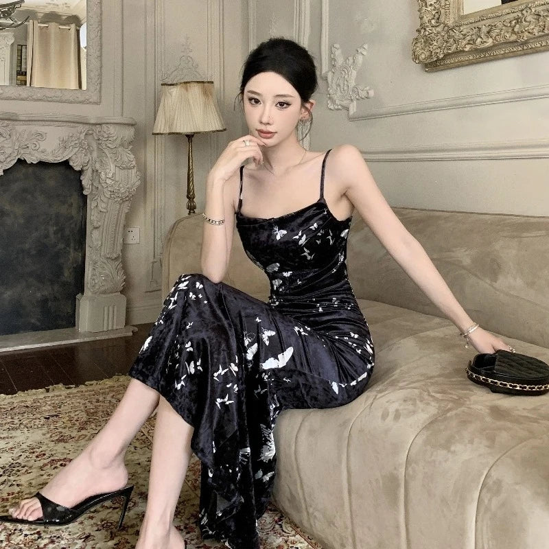 Dark Butterfly Velvet 90s Minimalist Style Slip Dress
