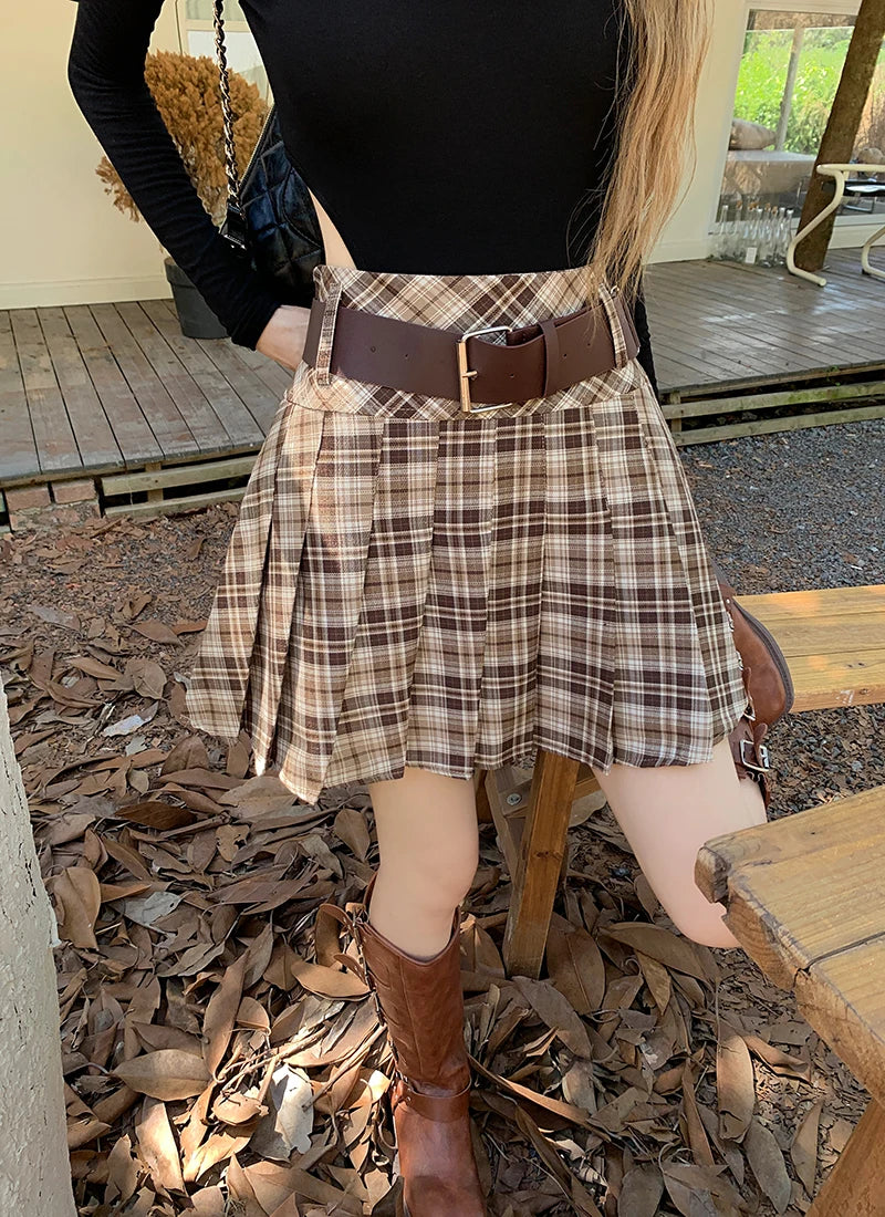 Plaid Pleated Dark Academia Mini Skirt with Belt