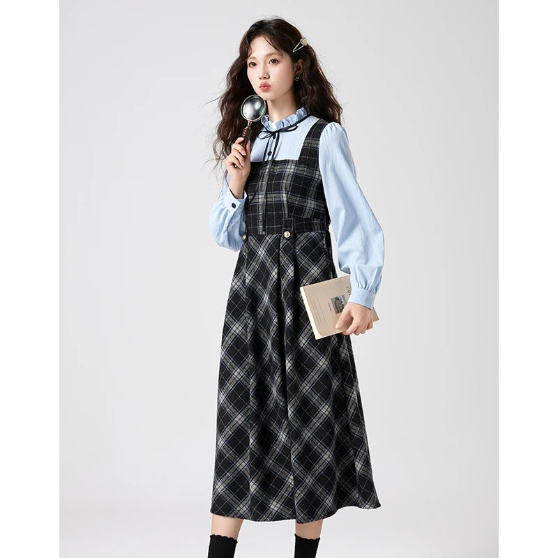 Blue Stories Dark Academia Plaid Long Sleeve Dress