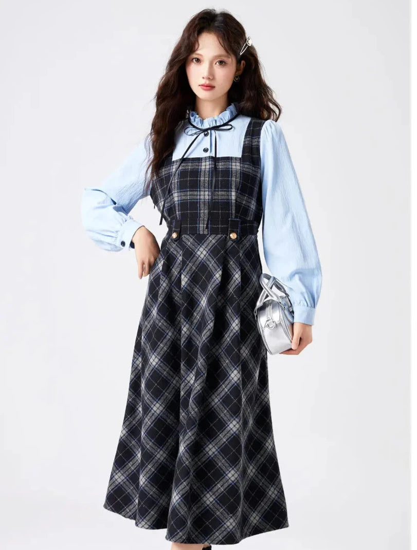 Blue Stories Dark Academia Plaid Long Sleeve Dress