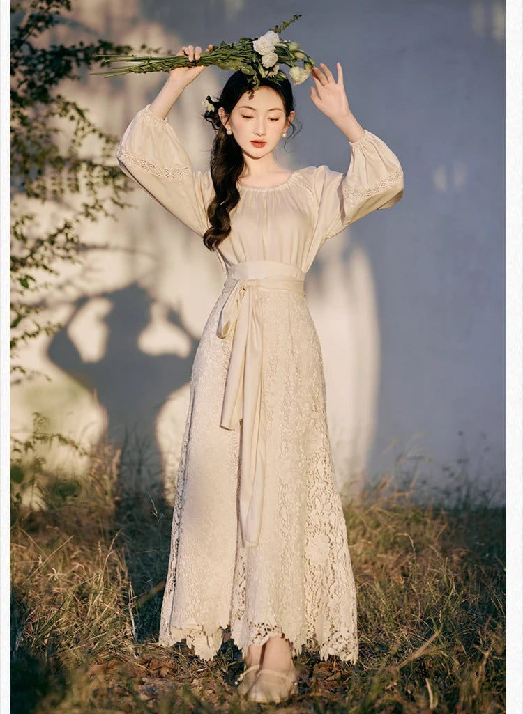 Lotus Heart Romantic Lace Cottagecore Dress Set