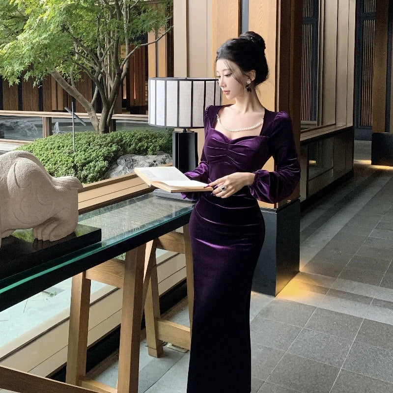 Purple Roseriver Pearl Chain Velvet Dress
