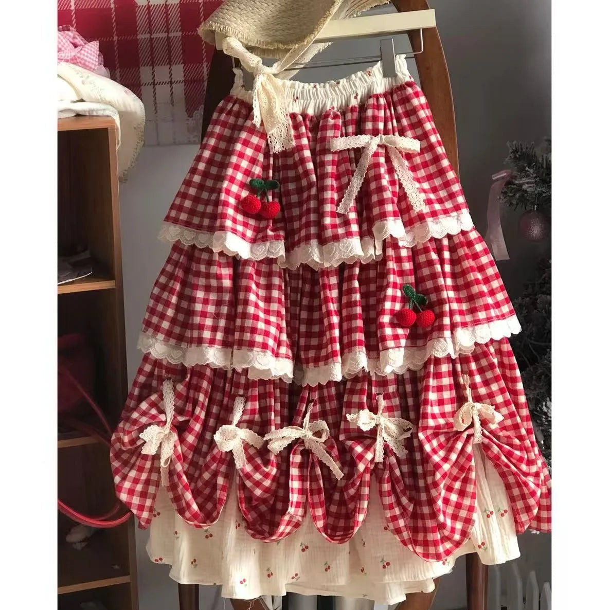 Cherry Red Plaid Cottagecore Skirt