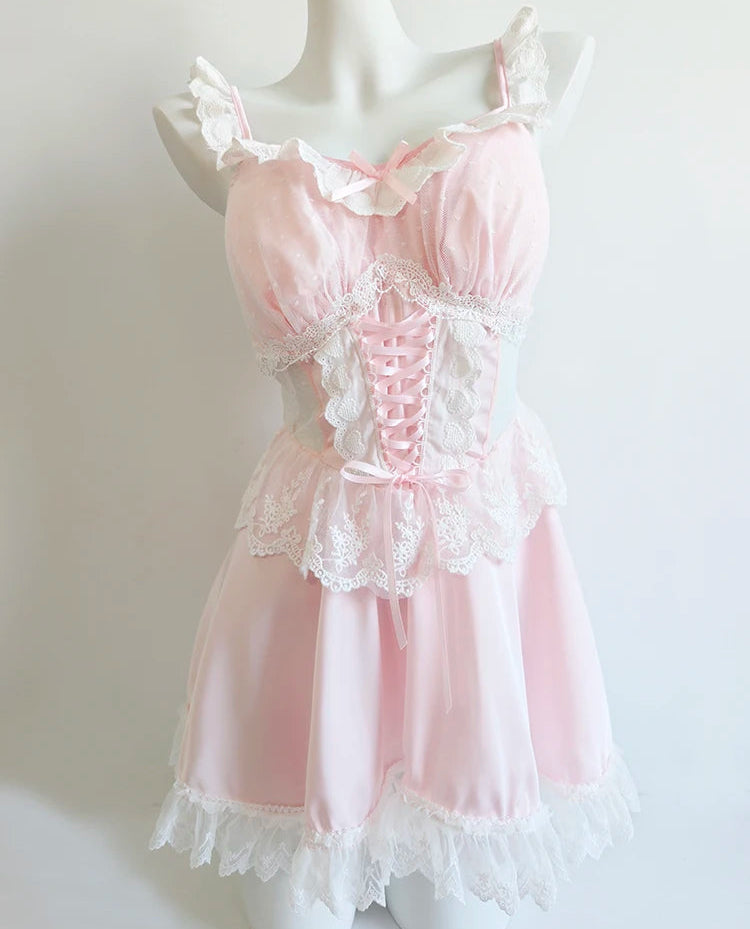 Pink Lace-Up Coquette Dress
