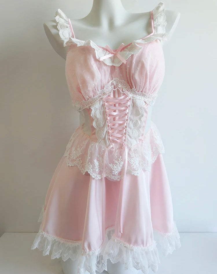 Pink Lace-Up Coquette Dress