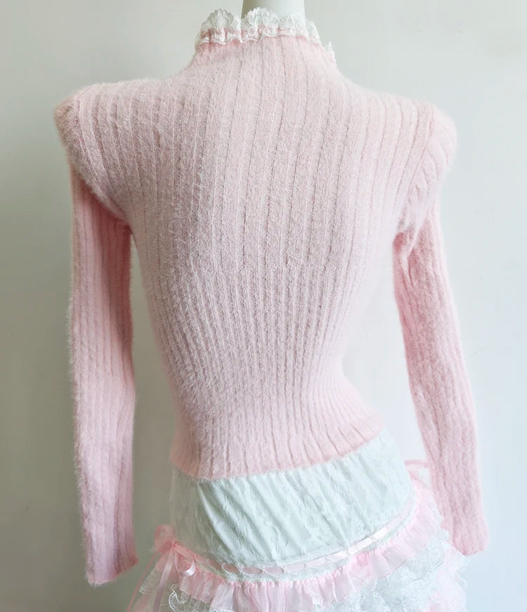 Rosy Coquette Long Sleeve Knitted Top
