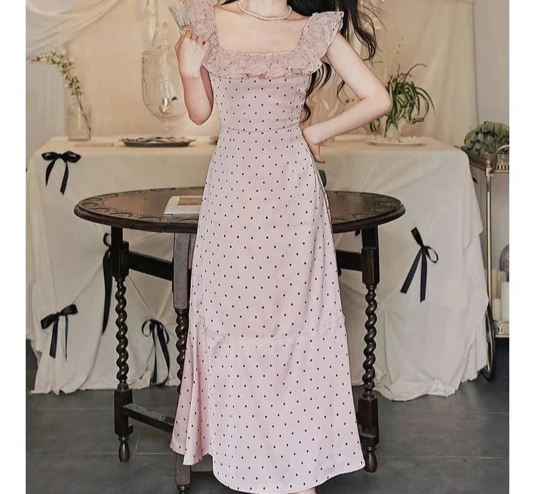 dusty pink polka dot dress PrettyLittleThing Women's Polka Dot Satin Plunge Extreme Frill Hem Maxi Dress in Pink