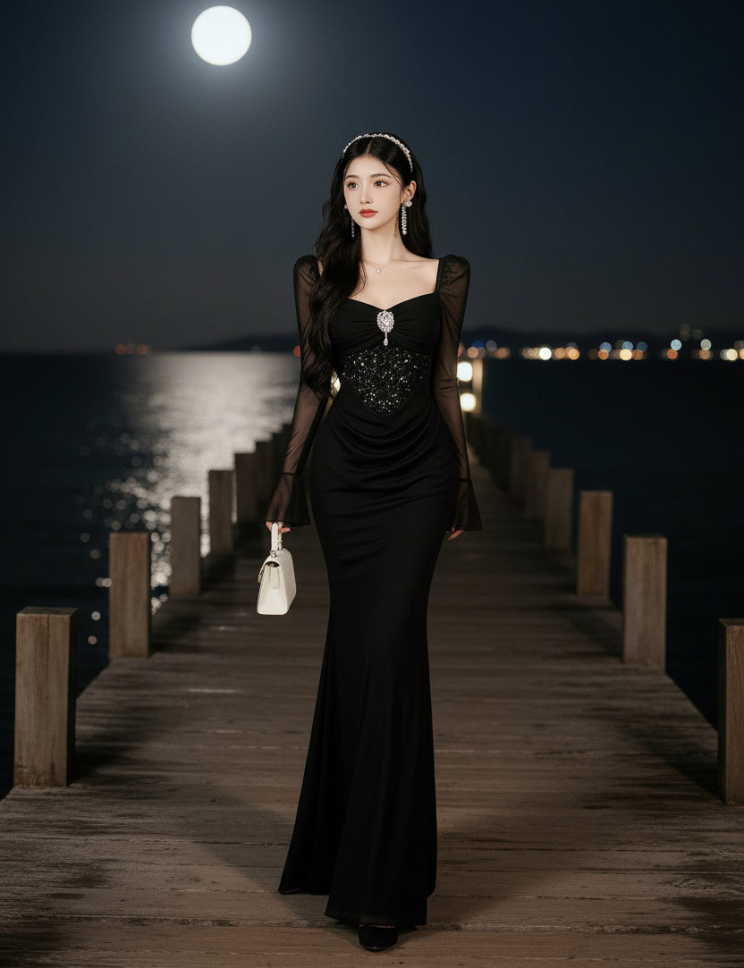 Dark Siren Dark Aesthetic Gown - Gothic Glamour Maxi Evening Dress