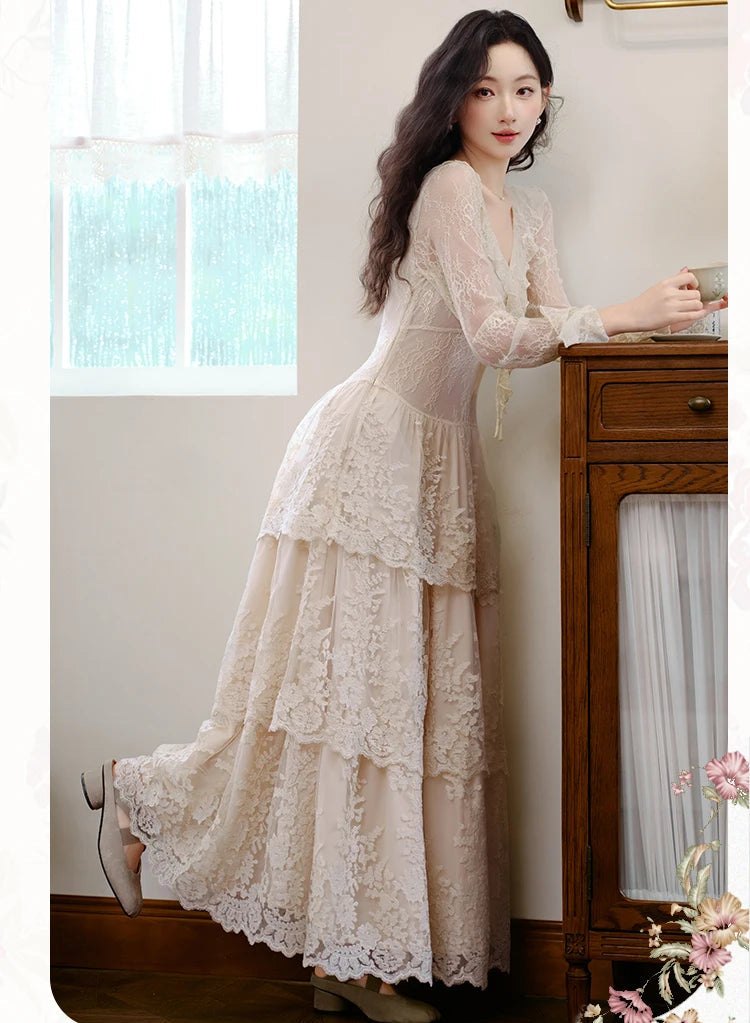 Estelia Romantic Royalcore Vintage-Style Lace Dress