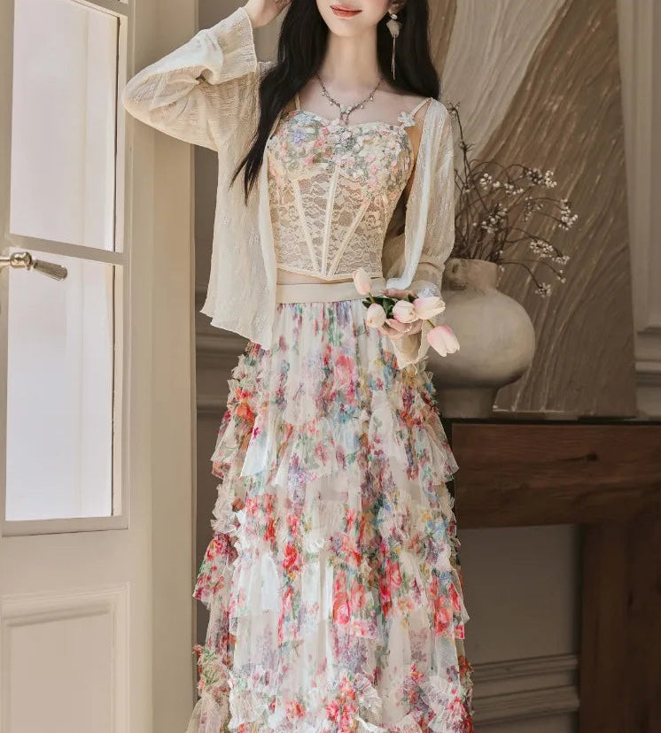 Elainna 3-Piece Outfit - Lace Bustier Top + Floral Ruffle Skirt + Cardigan
