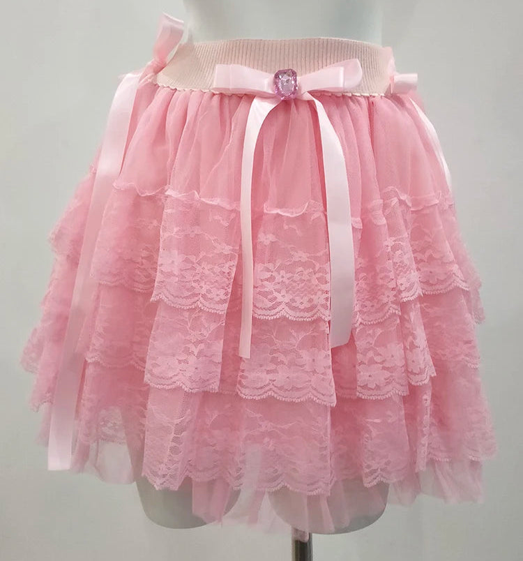 PinkBubble Princess Coquette Style Lace Bow Mini Skirt