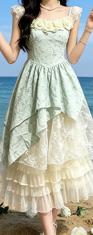 Mint Garden Rose Shabby Chic Coquette Dress