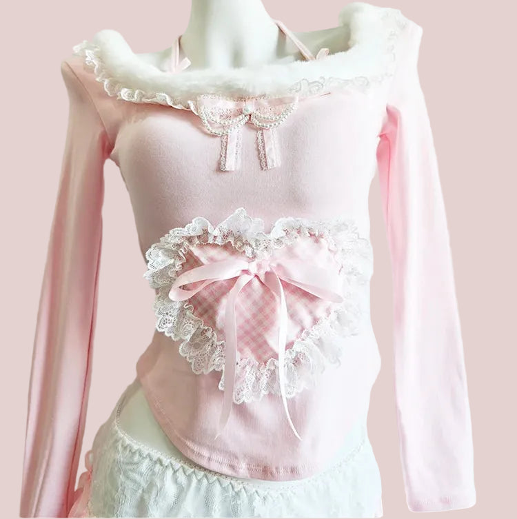 Pearls & Lace Pink Long Sleeve Coquette Top