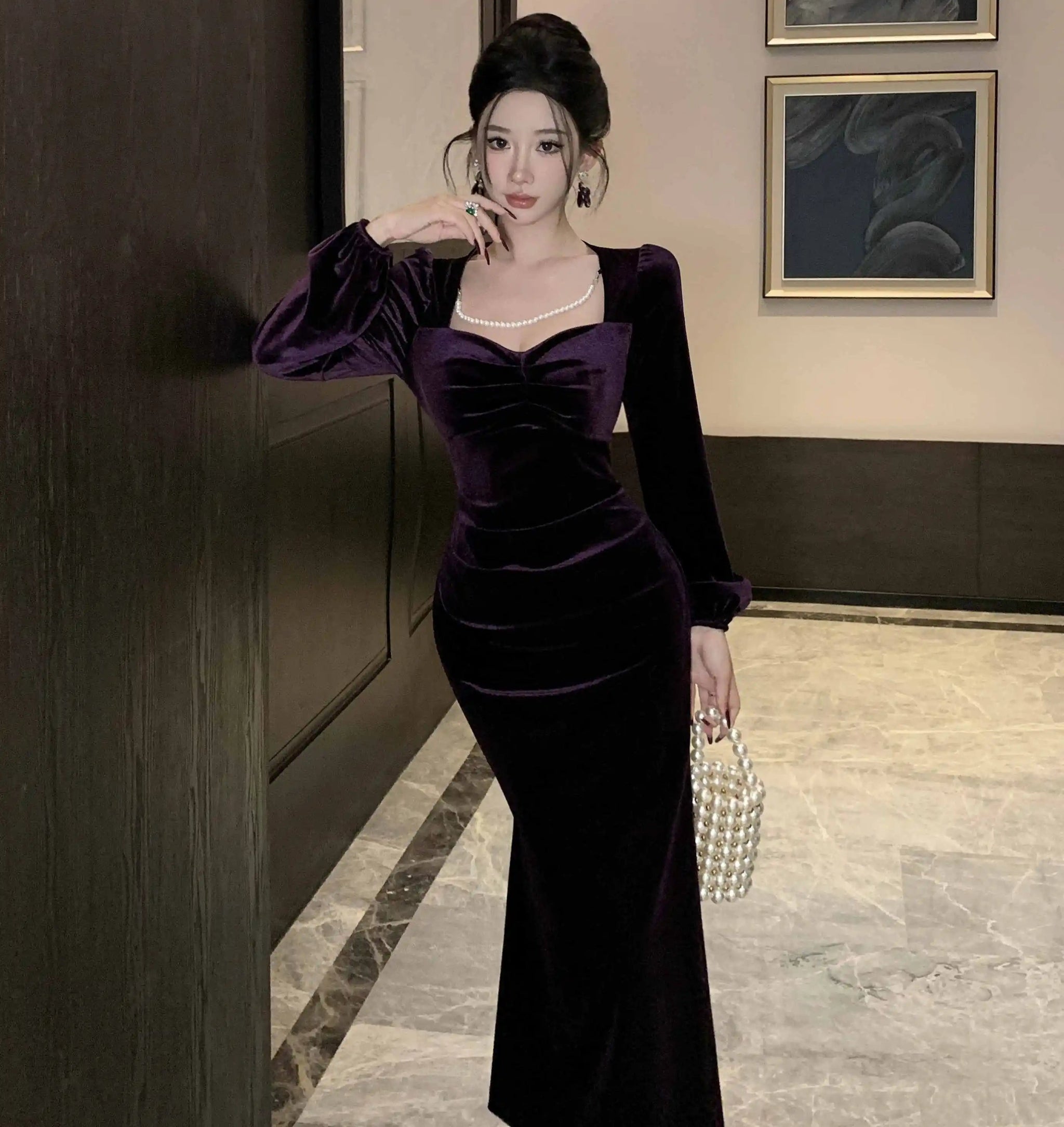 Purple Roseriver Pearl Chain Velvet Dress
