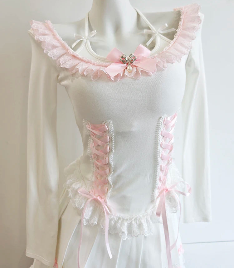 Pink/White Coquette Long Sleeve Lace-Up Kawaii Top