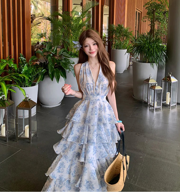 Blue Floral Fairycore Coquette Maxi Dress