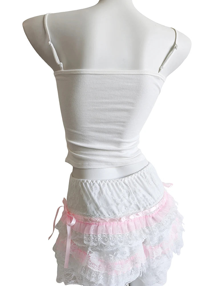 Sweetheart Diary Coquette Lace Ruffle Tank Top with Pink Bows