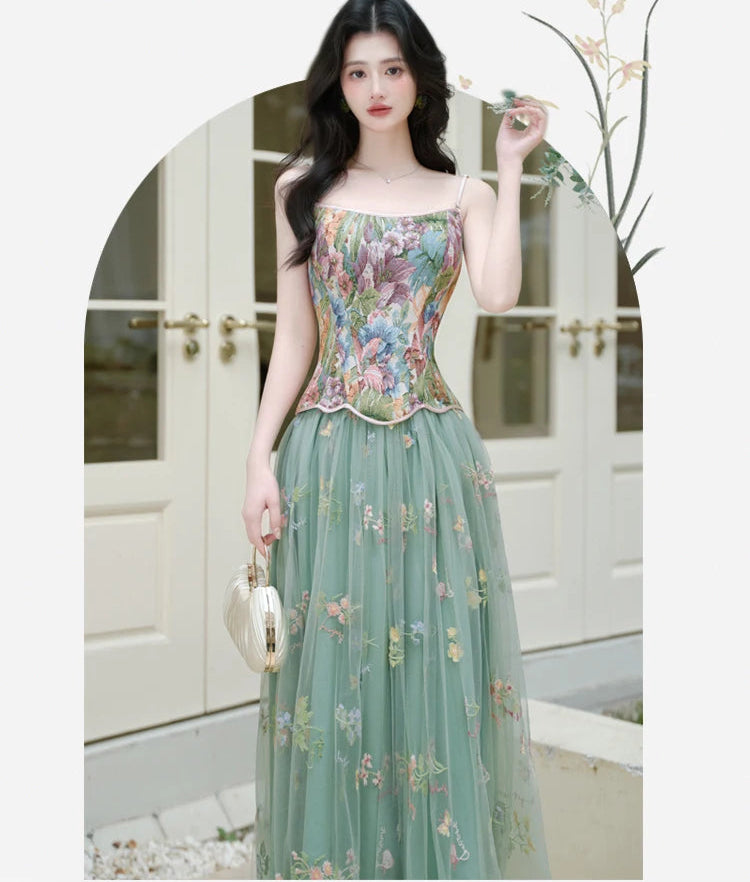 Fae Enchantment 2-Piece Flower Embroidered Green Fairy Dress Set