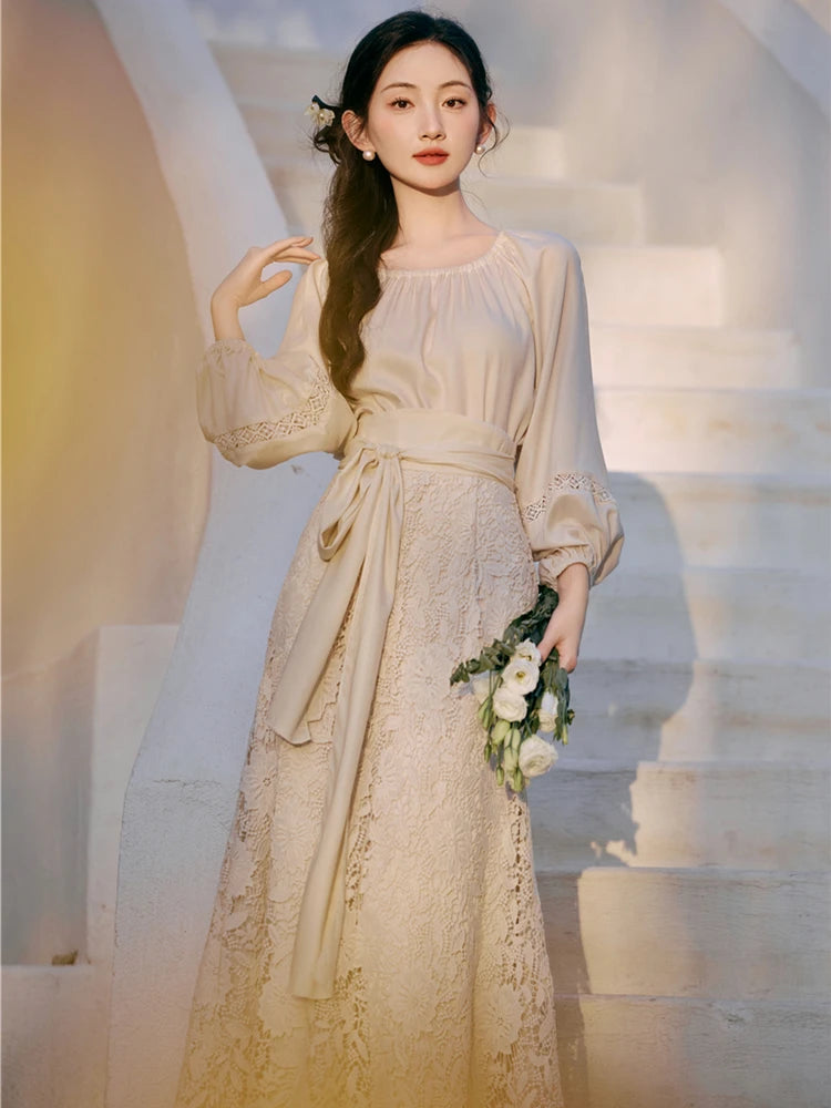 Lotus Heart Romantic Lace Cottagecore Dress Set