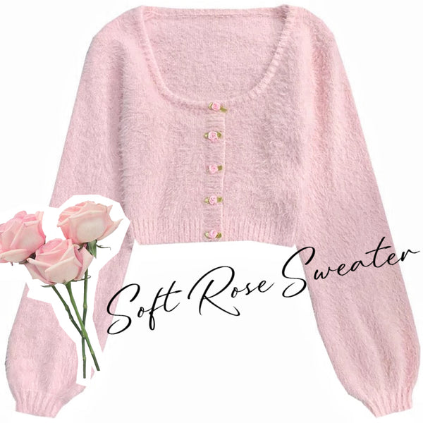 Baby Pink Rose Soft Girl Fuzzy Cropped Sweater