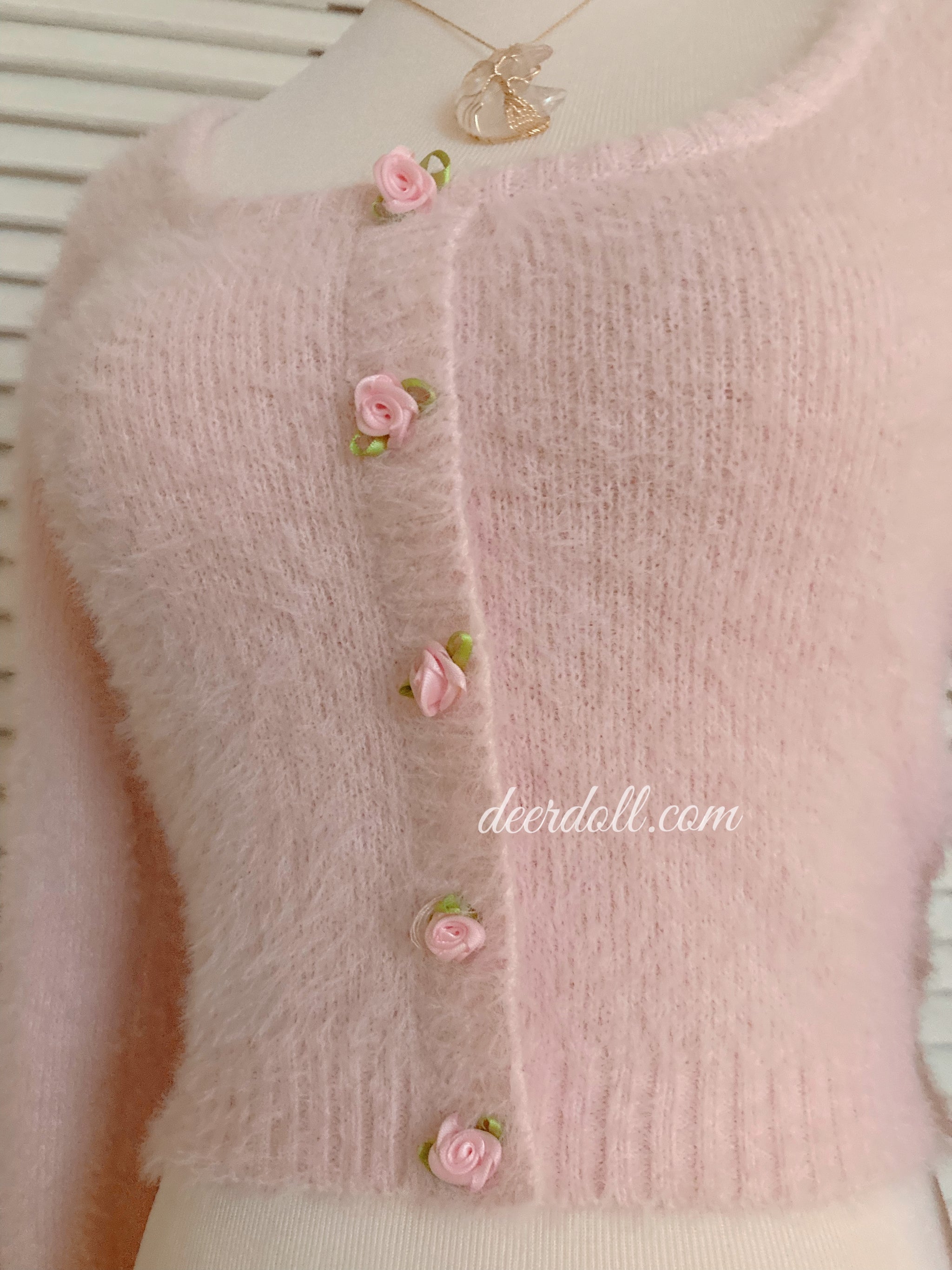 Baby Pink Rose Soft Girl Fuzzy Cropped Sweater