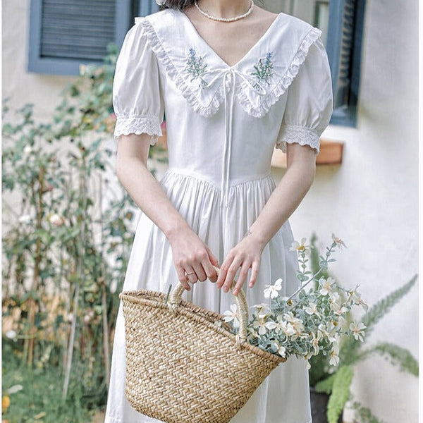 Heidi Flower Embroidered White Cottagecore Dress