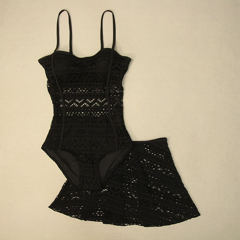 Black Lace Skirted Swimsuit 2-Piece Skirted Lace Goth Swimsuit