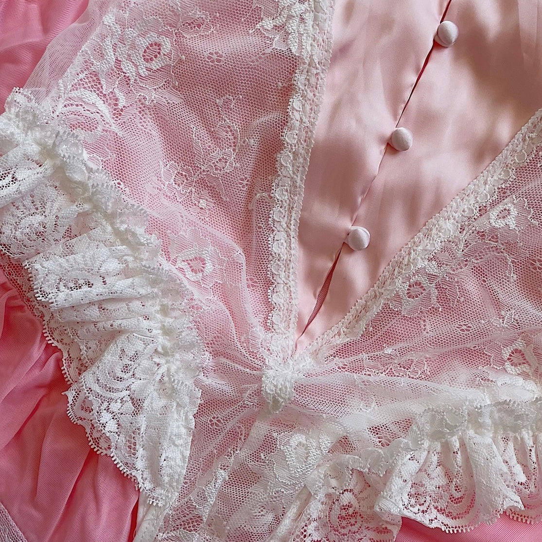 Vintage Blush Pink + White Lace Bodysuit Lingerie - Small