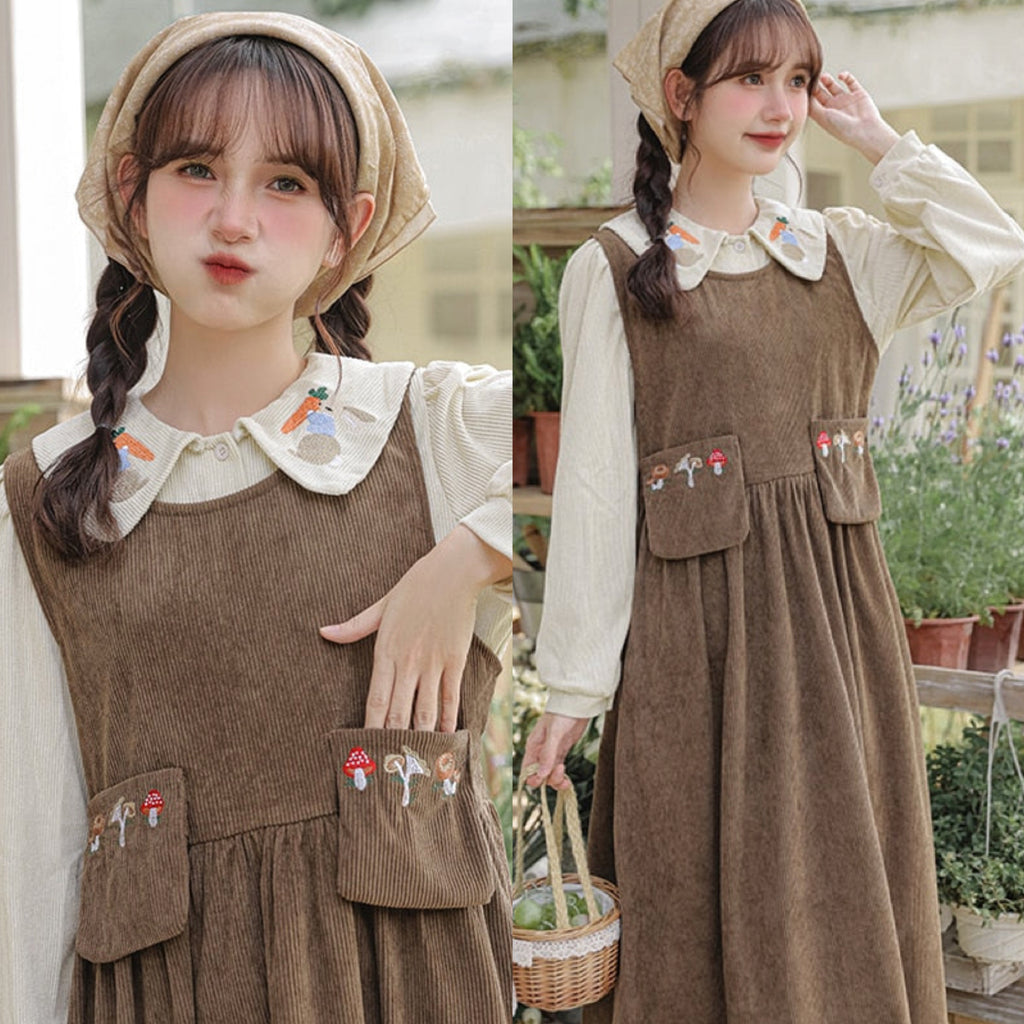 Mushroom Embroidered Corduroy Cottagecore Pinafore Dress Cottagecore